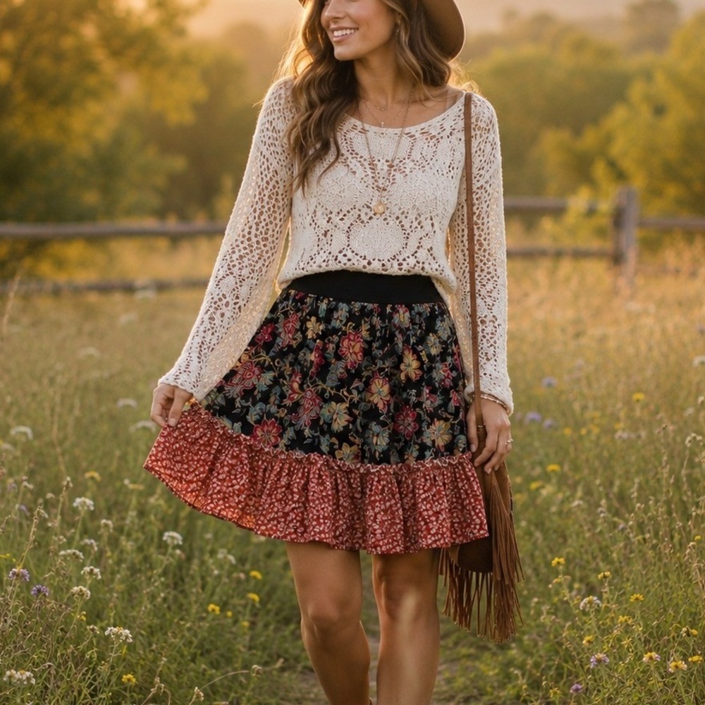 Xhilaration Floral Ruffle Mini Skirt Boho Cottagecore‎ Small Prairie Indie Folk